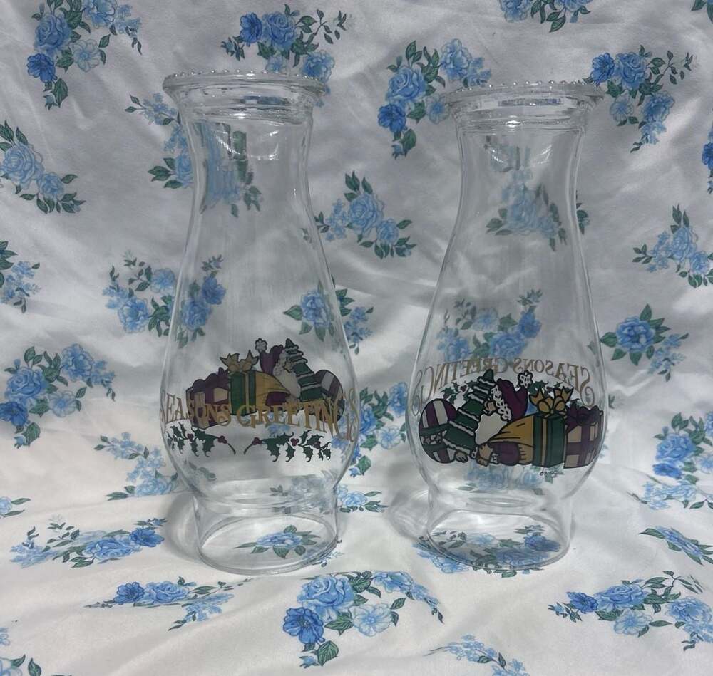 Set of 2 Vintage Anchor HockingSanta Hurricane Lamp Chimneys